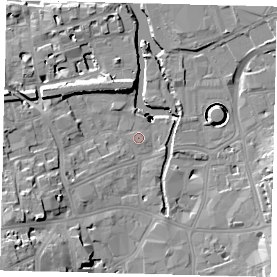 Shaded relief map of the ground around SW181HF, computed from Environment Agency LiDAR. The ground here sits at about 5 m above sea level and falls 38 m across the surrounding 800 m. Surface water reaching this point runs off ground lying to the south-south-east, 0.5 m higher.