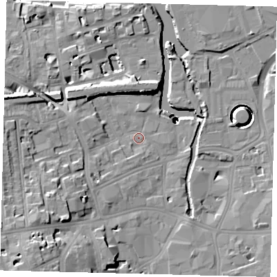 Shaded relief map of the ground around SW181HH, computed from Environment Agency LiDAR. The ground here sits at about 4 m above sea level and falls 38 m across the surrounding 800 m. Surface water reaching this point runs off ground lying to the south-west, 10.8 m higher.