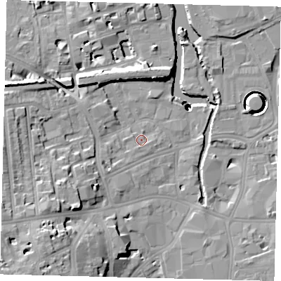 Shaded relief map of the ground around SW181HJ, computed from Environment Agency LiDAR. The ground here sits at about 5 m above sea level and falls 40 m across the surrounding 800 m. Surface water reaching this point runs off ground lying to the south-west, 3.8 m higher.