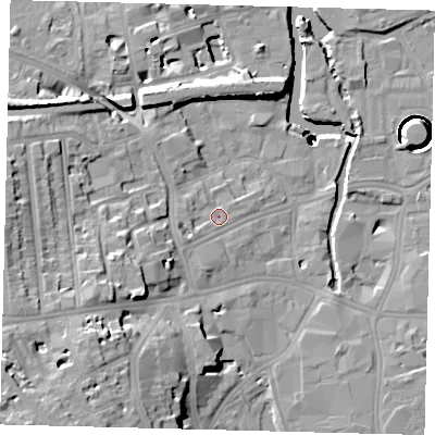 Shaded relief map of the ground around SW181HL, computed from Environment Agency LiDAR. The ground here sits at about 6 m above sea level and falls 41 m across the surrounding 800 m. Surface water reaching this point runs off ground lying to the west-south-west, 2.6 m higher.