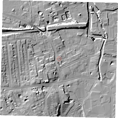 Shaded relief map of the ground around SW181HN, computed from Environment Agency LiDAR. The ground here sits at about 7 m above sea level and falls 42 m across the surrounding 800 m. Surface water reaching this point runs off ground lying to the south-south-west, 7.7 m higher.