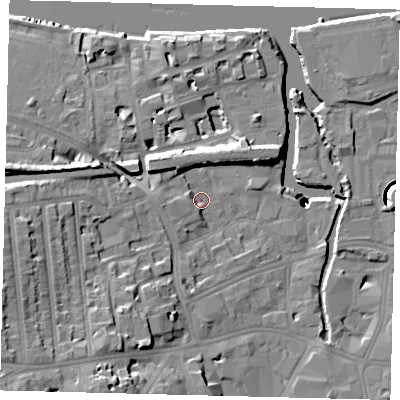 Shaded relief map of the ground around SW181HP, computed from Environment Agency LiDAR. The ground here sits at about 5 m above sea level and falls 40 m across the surrounding 800 m. Surface water reaching this point runs off ground lying to the north-west, 5.5 m higher.