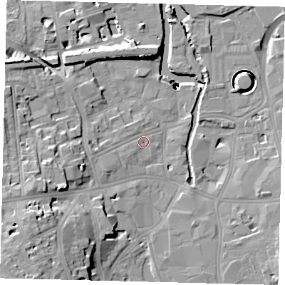 Shaded relief map of the ground around SW181HQ, computed from Environment Agency LiDAR. The ground here sits at about 5 m above sea level and falls 41 m across the surrounding 800 m. Surface water reaching this point runs off ground lying to the west-south-west, 3.2 m higher.