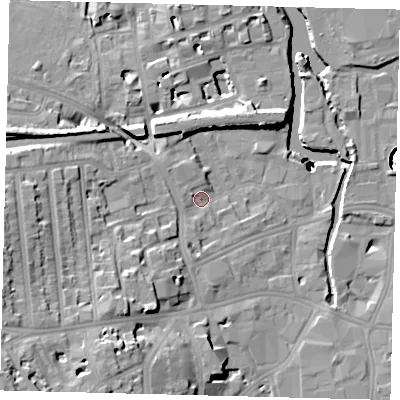 Shaded relief map of the ground around SW181HW, computed from Environment Agency LiDAR. The ground here sits at about 6 m above sea level and falls 41 m across the surrounding 800 m. Surface water reaching this point runs off ground lying to the south-west, 9.9 m higher.