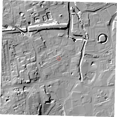 Shaded relief map of the ground around SW181HZ, computed from Environment Agency LiDAR. The ground here sits at about 6 m above sea level and falls 40 m across the surrounding 800 m. Surface water reaching this point runs off ground lying to the west-south-west, 3.0 m higher.