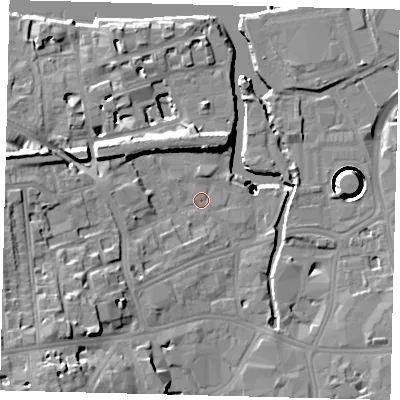 Shaded relief map of the ground around SW181JA, computed from Environment Agency LiDAR. The ground here sits at about 4 m above sea level and falls 38 m across the surrounding 800 m. Surface water reaching this point runs off ground lying to the south-west, 10.8 m higher.
