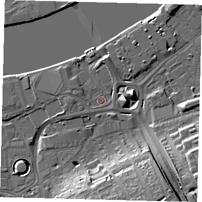 Shaded relief map of the ground around SW181JT, computed from Environment Agency LiDAR. The ground here sits at about 5 m above sea level and falls 25 m across the surrounding 800 m. Surface water reaching this point runs off ground lying to the west-south-west, 2.7 m higher.