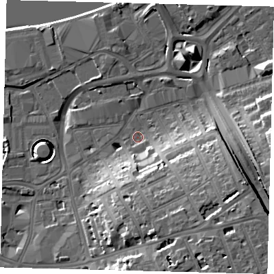Shaded relief map of the ground around SW181LA, computed from Environment Agency LiDAR. The ground here sits at about 6 m above sea level and falls 27 m across the surrounding 800 m. Surface water reaching this point runs off ground lying to the south-south-east, 15.9 m higher.