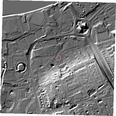 Shaded relief map of the ground around SW181LD, computed from Environment Agency LiDAR. The ground here sits at about 6 m above sea level and falls 27 m across the surrounding 800 m. Surface water reaching this point runs off ground lying to the south-south-east, 17.6 m higher.