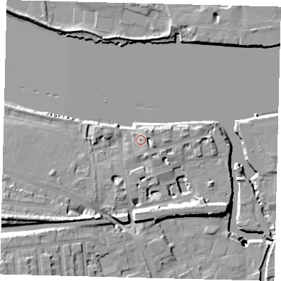 Shaded relief map of the ground around SW181LP, computed from Environment Agency LiDAR. The ground here sits at about 7 m above sea level and falls 38 m across the surrounding 800 m. Surface water reaching this point runs off ground lying to the north-east, 2.4 m higher.