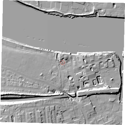 Shaded relief map of the ground around SW181PP, computed from Environment Agency LiDAR. The ground here sits at about 5 m above sea level and falls 19 m across the surrounding 800 m. Surface water reaching this point runs off ground lying to the south-west, 17.1 m higher.