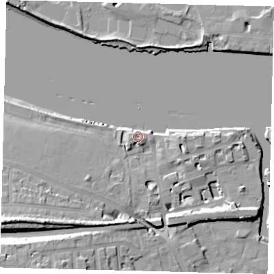 Shaded relief map of the ground around SW181PR, computed from Environment Agency LiDAR. The ground here sits at about 6 m above sea level and falls 22 m across the surrounding 800 m. Surface water reaching this point runs off ground lying to the west-south-west, 18.0 m higher.