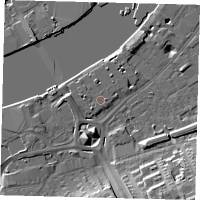 Shaded relief map of the ground around SW181QS, computed from Environment Agency LiDAR. The ground here sits at about 6 m above sea level and falls 20 m across the surrounding 800 m. Surface water reaching this point runs off ground lying to the south-west, 3.0 m higher.