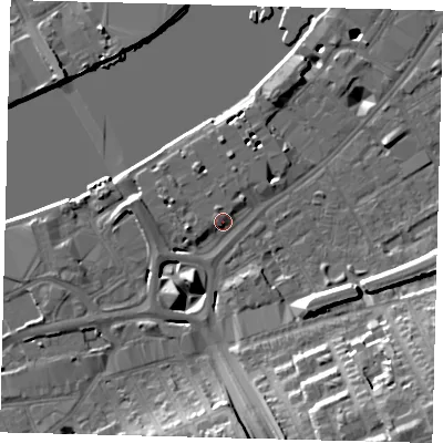 Shaded relief map of the ground around SW181QT, computed from Environment Agency LiDAR. The ground here sits at about 6 m above sea level and falls 20 m across the surrounding 800 m. Surface water reaching this point runs off ground lying to the south-south-west, 6.3 m higher.