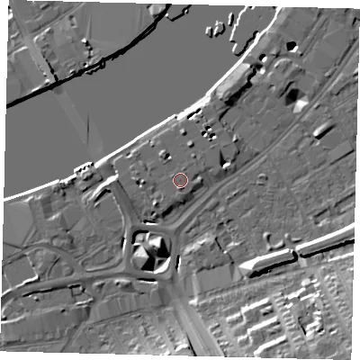 Shaded relief map of the ground around SW181QZ, computed from Environment Agency LiDAR. The ground here sits at about 6 m above sea level and falls 19 m across the surrounding 800 m. Surface water reaching this point runs off ground lying to the south, 0.8 m higher.