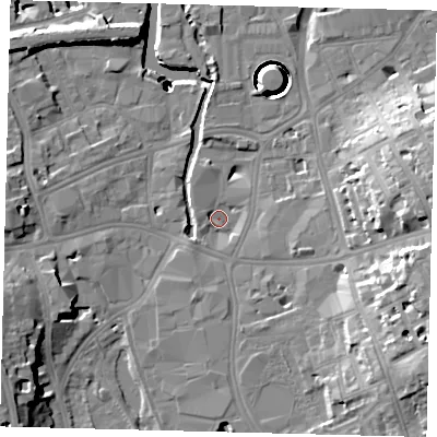 Shaded relief map of the ground around SW181SF, computed from Environment Agency LiDAR. The ground here sits at about 4 m above sea level and falls 40 m across the surrounding 800 m. Surface water reaching this point runs off ground lying to the east-south-east, 18.0 m higher.