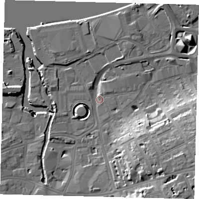 Shaded relief map of the ground around SW181SL, computed from Environment Agency LiDAR. The ground here sits at about 5 m above sea level and falls 42 m across the surrounding 800 m. Surface water reaching this point runs off ground lying to the south-east, 24.7 m higher.