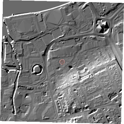 Shaded relief map of the ground around SW181SN, computed from Environment Agency LiDAR. The ground here sits at about 5 m above sea level and falls 43 m across the surrounding 800 m. Surface water reaching this point runs off ground lying to the south-south-west, 1.6 m higher.