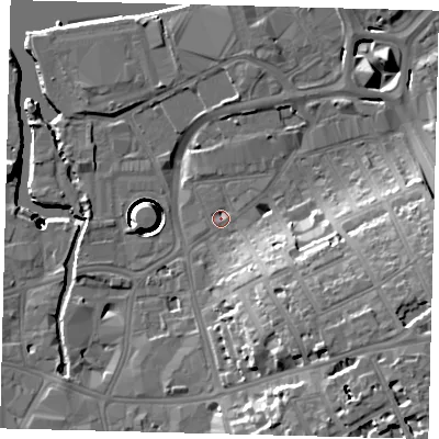 Shaded relief map of the ground around SW181SP, computed from Environment Agency LiDAR. The ground here sits at about 5 m above sea level and falls 43 m across the surrounding 800 m. Surface water reaching this point runs off ground lying to the south-east, 14.5 m higher.