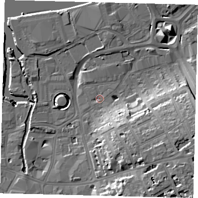Shaded relief map of the ground around SW181SR, computed from Environment Agency LiDAR. The ground here sits at about 5 m above sea level and falls 43 m across the surrounding 800 m. Surface water reaching this point runs off ground lying to the south-east, 9.8 m higher.