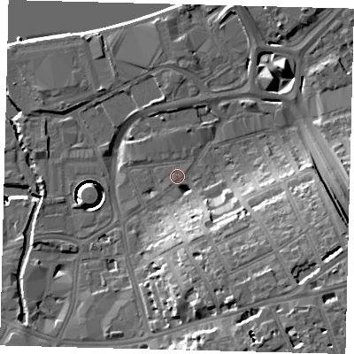 Shaded relief map of the ground around SW181SS, computed from Environment Agency LiDAR. The ground here sits at about 6 m above sea level and falls 43 m across the surrounding 800 m. Surface water reaching this point runs off ground lying to the south-south-east, 12.8 m higher.