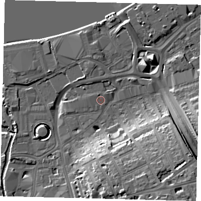 Shaded relief map of the ground around SW181SU, computed from Environment Agency LiDAR. The ground here sits at about 6 m above sea level and falls 27 m across the surrounding 800 m. Surface water reaching this point runs off ground lying to the north-north-west, 0.9 m higher.