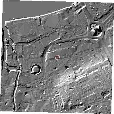 Shaded relief map of the ground around SW181SW, computed from Environment Agency LiDAR. The ground here sits at about 6 m above sea level and falls 42 m across the surrounding 800 m. Surface water reaching this point runs off ground lying to the north-east, 1.1 m higher.