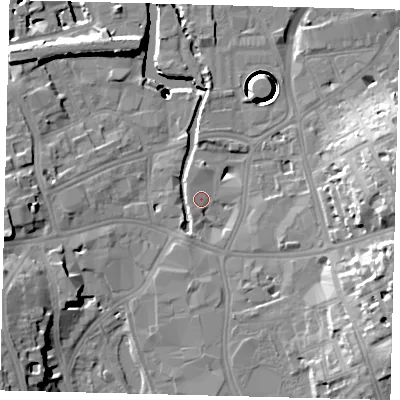 Shaded relief map of the ground around SW181SZ, computed from Environment Agency LiDAR. The ground here sits at about 5 m above sea level and falls 39 m across the surrounding 800 m. Surface water reaching this point runs off ground lying to the east-south-east, 17.9 m higher.