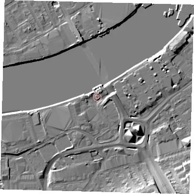 Shaded relief map of the ground around SW181TB, computed from Environment Agency LiDAR. The ground here sits at about 5 m above sea level and falls 15 m across the surrounding 800 m. Surface water reaching this point runs off ground lying to the east, 4.8 m higher.