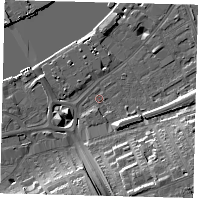 Shaded relief map of the ground around SW181TD, computed from Environment Agency LiDAR. The ground here sits at about 4 m above sea level and falls 20 m across the surrounding 800 m. Surface water reaching this point runs off ground lying to the south-east, 20.0 m higher.