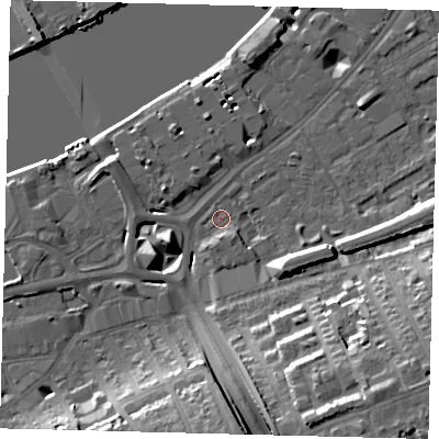 Shaded relief map of the ground around SW181TE, computed from Environment Agency LiDAR. The ground here sits at about 4 m above sea level and falls 20 m across the surrounding 800 m. Surface water reaching this point runs off ground lying to the south-east, 20.0 m higher.