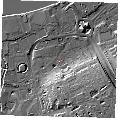 Shaded relief map of the ground around SW181TF, computed from Environment Agency LiDAR. The ground here sits at about 5 m above sea level and falls 27 m across the surrounding 800 m. Surface water reaching this point runs off ground lying to the south-east, 17.6 m higher.
