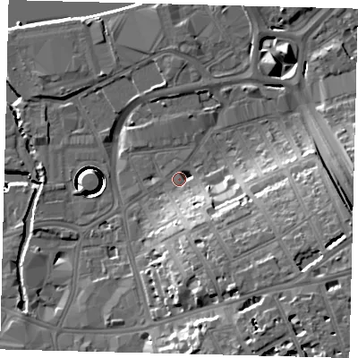 Shaded relief map of the ground around SW181TG, computed from Environment Agency LiDAR. The ground here sits at about 6 m above sea level and falls 43 m across the surrounding 800 m. Surface water reaching this point runs off ground lying to the south-east, 12.8 m higher.
