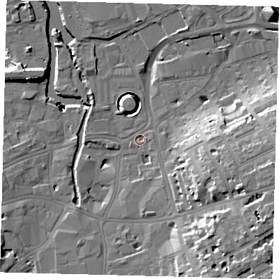 Shaded relief map of the ground around SW181TH, computed from Environment Agency LiDAR. The ground here sits at about 5 m above sea level and falls 42 m across the surrounding 800 m. Surface water reaching this point runs off ground lying to the south-south-east, 3.5 m higher.