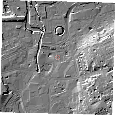 Shaded relief map of the ground around SW181TJ, computed from Environment Agency LiDAR. The ground here sits at about 5 m above sea level and falls 41 m across the surrounding 800 m. Surface water reaching this point runs off ground lying to the east-south-east, 17.2 m higher.