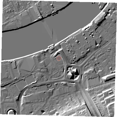 Shaded relief map of the ground around SW181TN, computed from Environment Agency LiDAR. The ground here sits at about 5 m above sea level and falls 23 m across the surrounding 800 m. Surface water reaching this point runs off ground lying to the north-north-east, 2.4 m higher.