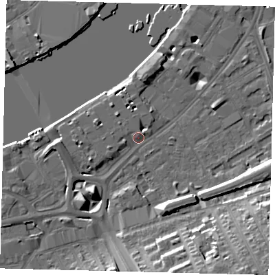 Shaded relief map of the ground around SW181TP, computed from Environment Agency LiDAR. The ground here sits at about 6 m above sea level and falls 23 m across the surrounding 800 m. Surface water reaching this point runs off ground lying to the north-west, 1.4 m higher.