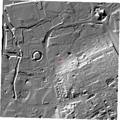 Shaded relief map of the ground around SW181TQ, computed from Environment Agency LiDAR. The ground here sits at about 6 m above sea level and falls 43 m across the surrounding 800 m. Surface water reaching this point runs off ground lying to the south-east, 14.4 m higher.
