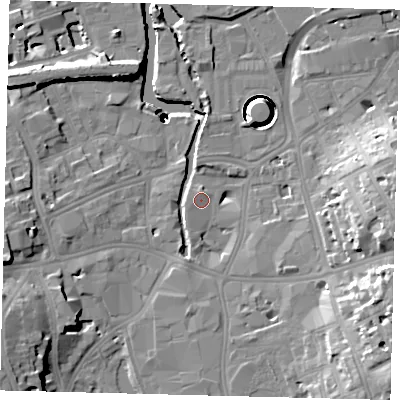 Shaded relief map of the ground around SW181UA, computed from Environment Agency LiDAR. The ground here sits at about 5 m above sea level and falls 39 m across the surrounding 800 m. Surface water reaching this point runs off ground lying to the east-south-east, 17.9 m higher.