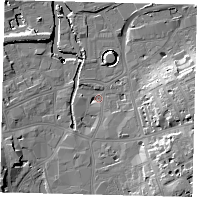 Shaded relief map of the ground around SW181UH, computed from Environment Agency LiDAR. The ground here sits at about 4 m above sea level and falls 41 m across the surrounding 800 m. Surface water reaching this point runs off ground lying to the east-south-east, 19.3 m higher.