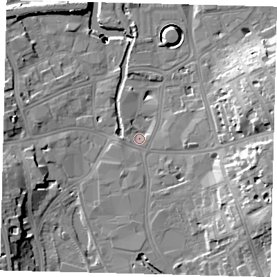 Shaded relief map of the ground around SW181UJ, computed from Environment Agency LiDAR. The ground here sits at about 5 m above sea level and falls 40 m across the surrounding 800 m. Surface water reaching this point runs off ground lying to the south-east, 15.6 m higher.
