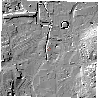 Shaded relief map of the ground around SW181UL, computed from Environment Agency LiDAR. The ground here sits at about 5 m above sea level and falls 39 m across the surrounding 800 m. Surface water reaching this point runs off ground lying to the west, 2.2 m higher.