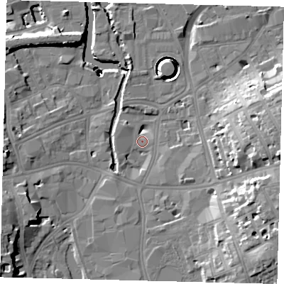Shaded relief map of the ground around SW181UN, computed from Environment Agency LiDAR. The ground here sits at about 5 m above sea level and falls 40 m across the surrounding 800 m. Surface water reaching this point runs off ground lying to the east-south-east, 18.8 m higher.