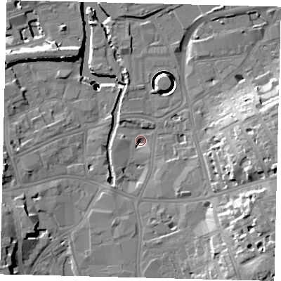 Shaded relief map of the ground around SW181UP, computed from Environment Agency LiDAR. The ground here sits at about 4 m above sea level and falls 40 m across the surrounding 800 m. Surface water reaching this point runs off ground lying to the east-south-east, 25.1 m higher.