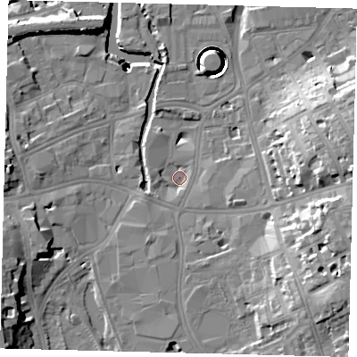 Shaded relief map of the ground around SW181UQ, computed from Environment Agency LiDAR. The ground here sits at about 4 m above sea level and falls 40 m across the surrounding 800 m. Surface water reaching this point runs off ground lying to the south-east, 15.9 m higher.