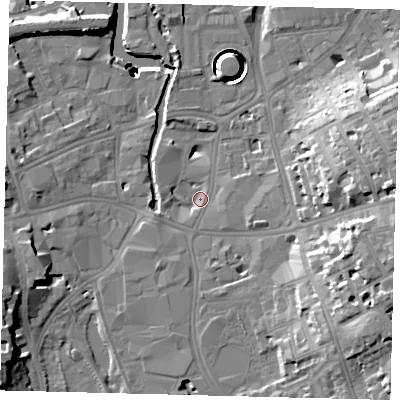 Shaded relief map of the ground around SW181UR, computed from Environment Agency LiDAR. The ground here sits at about 5 m above sea level and falls 41 m across the surrounding 800 m. Surface water reaching this point runs off ground lying to the east-south-east, 16.0 m higher.