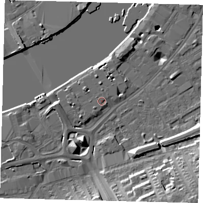 Shaded relief map of the ground around SW181UY, computed from Environment Agency LiDAR. The ground here sits at about 6 m above sea level and falls 19 m across the surrounding 800 m. Surface water reaching this point runs off ground lying to the south-west, 1.5 m higher.