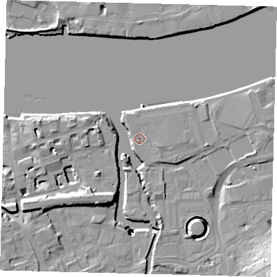 Shaded relief map of the ground around SW181YL, computed from Environment Agency LiDAR. The ground here sits at about 6 m above sea level and falls 35 m across the surrounding 800 m. Surface water reaching this point runs off ground lying to the east-south-east, 1.5 m higher.