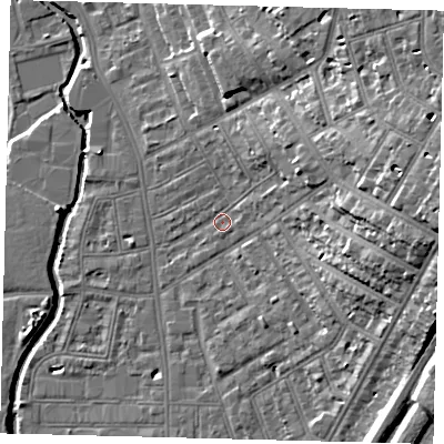 Shaded relief map of the ground around SW182BE, computed from Environment Agency LiDAR. The ground here sits at about 9 m above sea level and falls 22 m across the surrounding 800 m. Surface water reaching this point runs off ground lying to the east-north-east, 10.7 m higher.