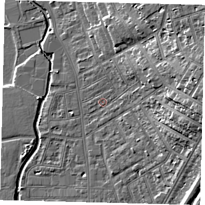Shaded relief map of the ground around SW182BN, computed from Environment Agency LiDAR. The ground here sits at about 8 m above sea level and falls 21 m across the surrounding 800 m. Surface water reaching this point runs off ground lying to the north-east, 10.2 m higher.